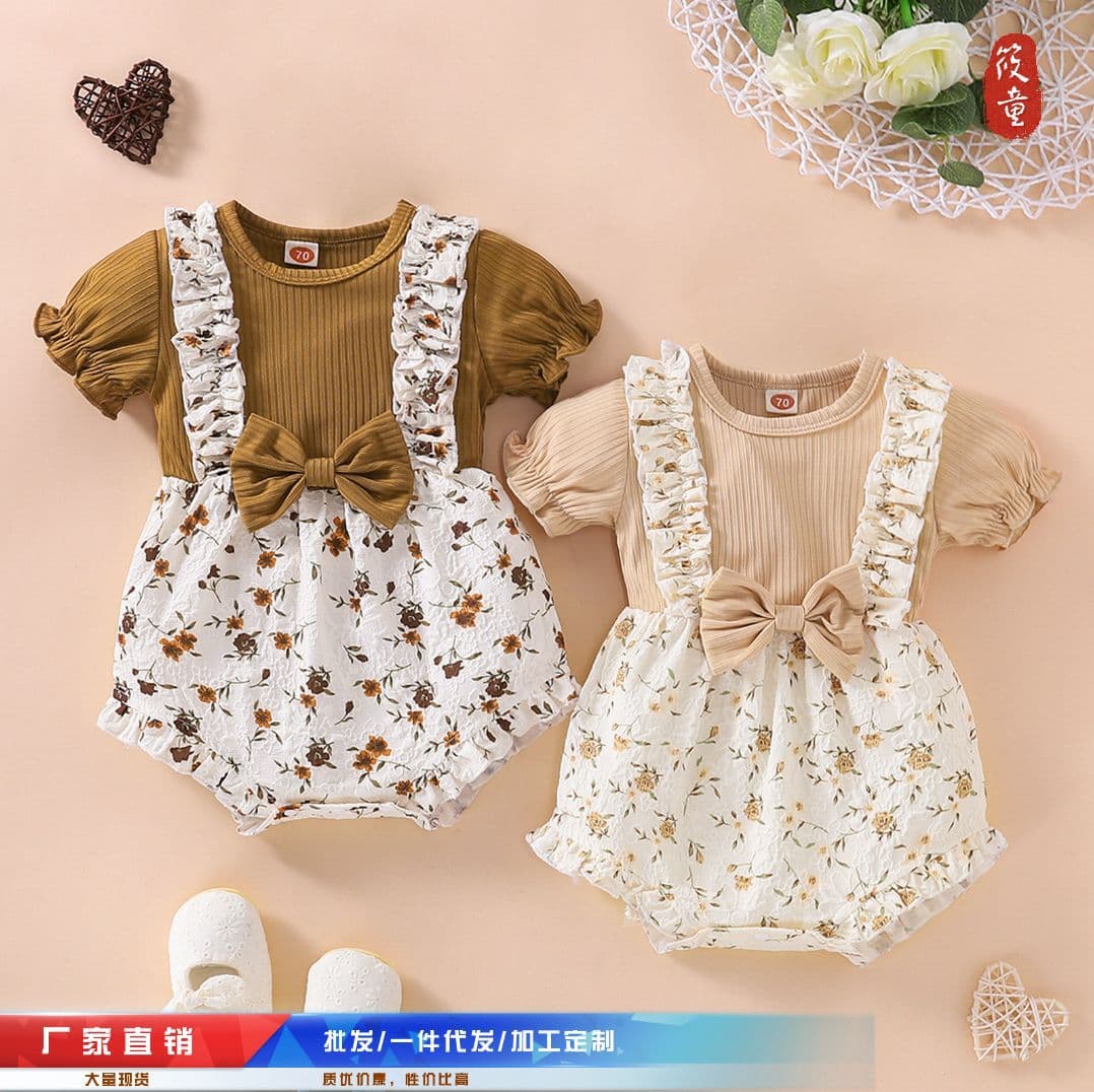 Baby Girls Summer Bodysuit 0-1 Year Old Faux Two-Piece Floral Romper Newborn
