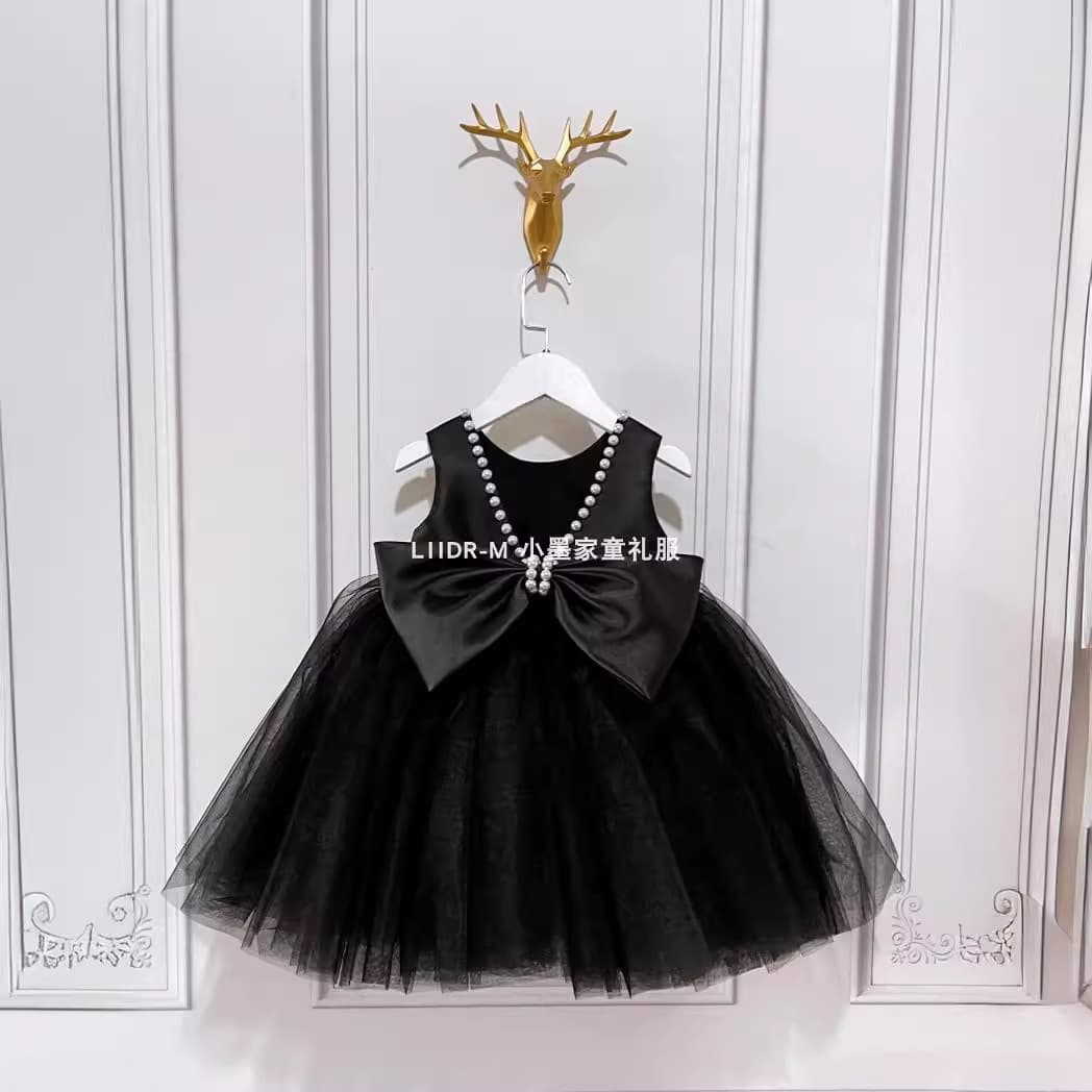 Children's Dress 2026 New Beaded Black Girls Backless Big Pearl Host Piano Performance Knee Skirt