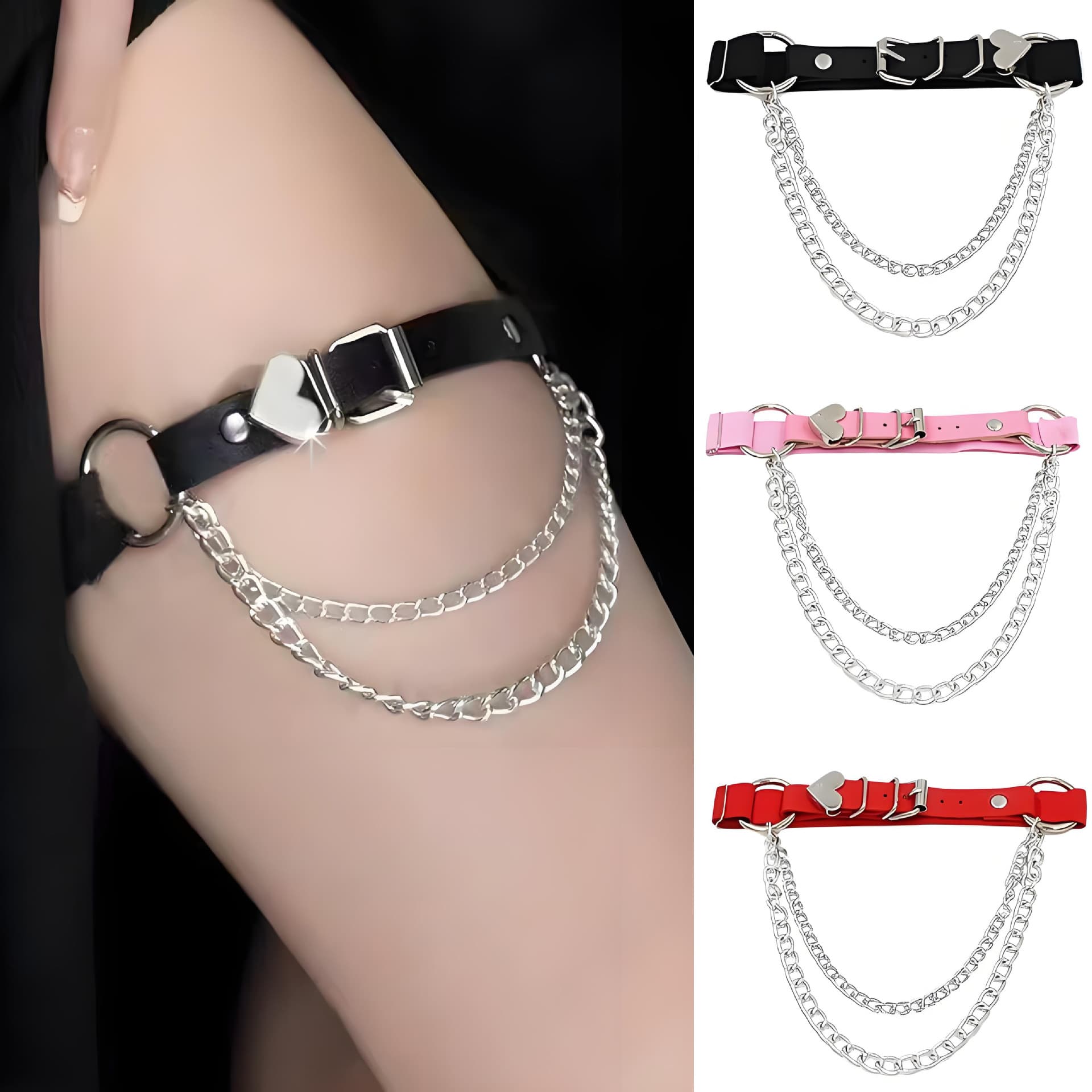 Factory direct sales Euro-American punk Gothic PU leather irregular garter belts with heart-shaped chain elastic leg rings.