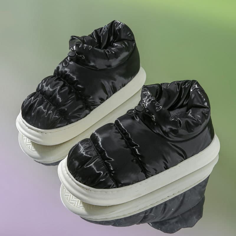 Waterproof Down Cotton Slippers for Men, Winter Indoor Warmth, Anti-Slip, Home Use, Thick Sole, Couples Outdoor Wear, Enclosed Heel Women's Slippers