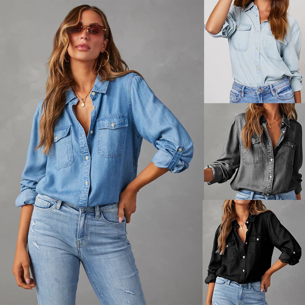 Denim Shirt for Women Long Sleeve Casual Lapel Single-Breasted Autumn Style 32130 for Amazon Cross-Border
