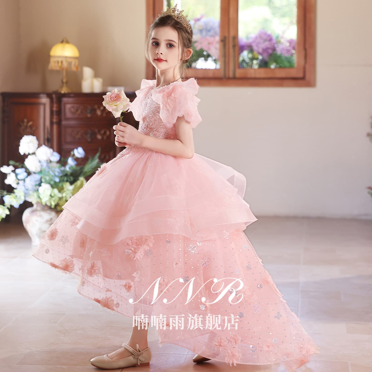 Front Short Back Long Girls Host Dress Pink High-End Birthday Princess Dress Children Piano Performance Costume