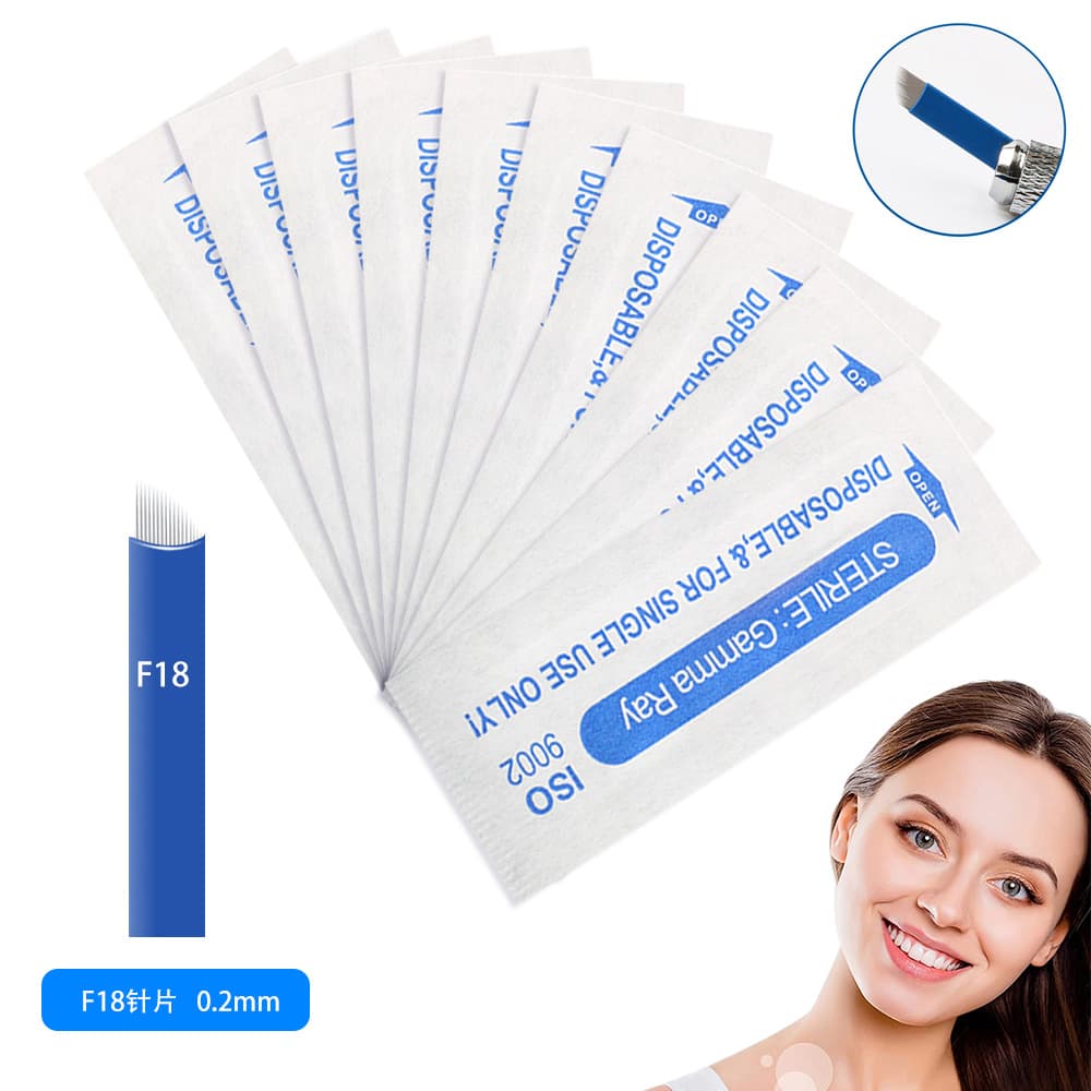 Blue Skin Tattoo Practice Blades Needle Cartridges Single Row 18 Needles Eyebrow Tattoo Lip Blush Mist Eyebrow Needle Cartridges Hand Needle Cartridges Tattoo Tools