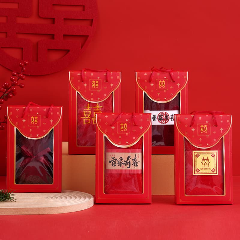 Wedding Dowry Towel Gift Box - His & Hers Couples "Double Happiness" Red Towels for Bridesmaid Wedding Return Gifts