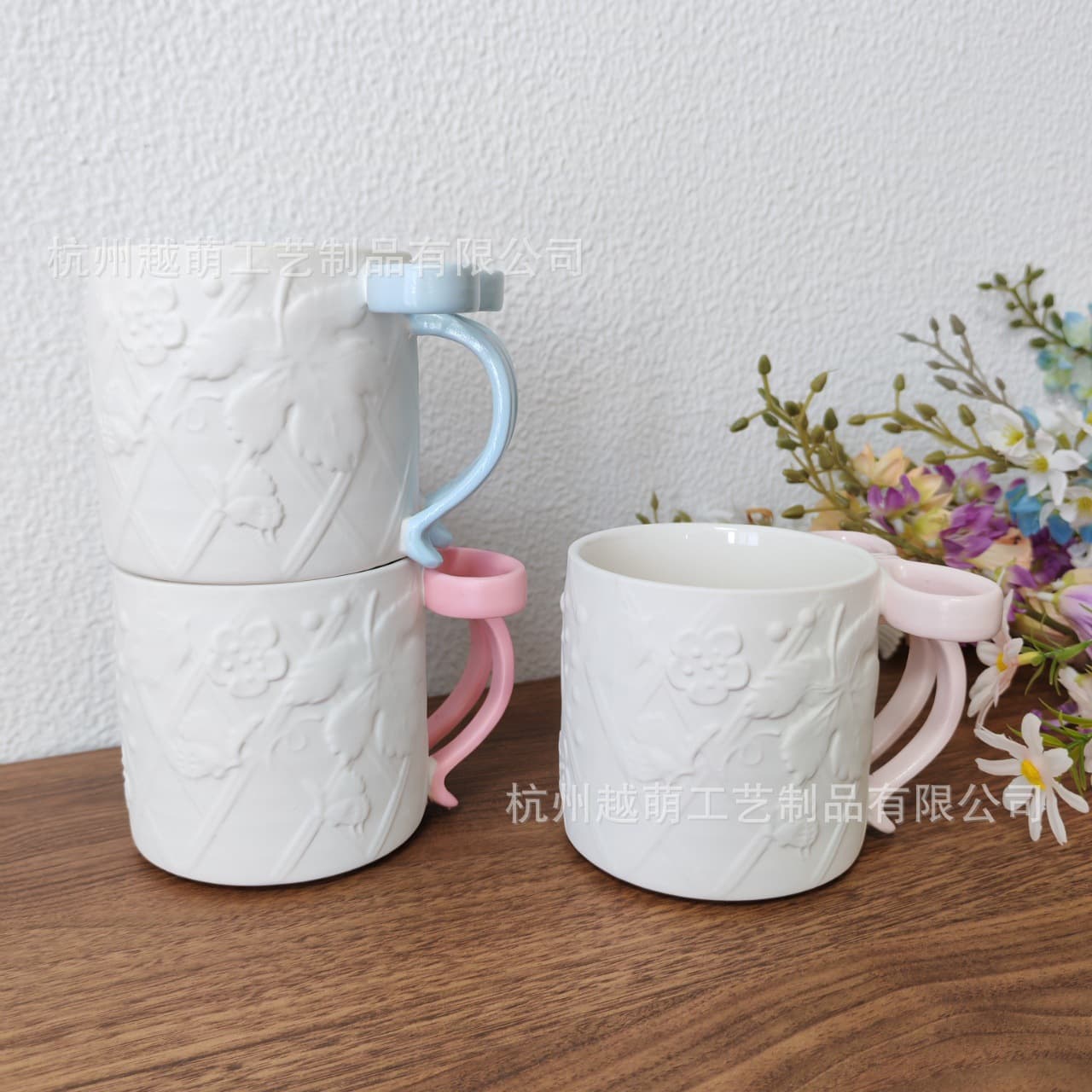 Bow embossed frosted ceramic cup wholesale high-looking mug foreign trade flower coffee cup souvenir cup