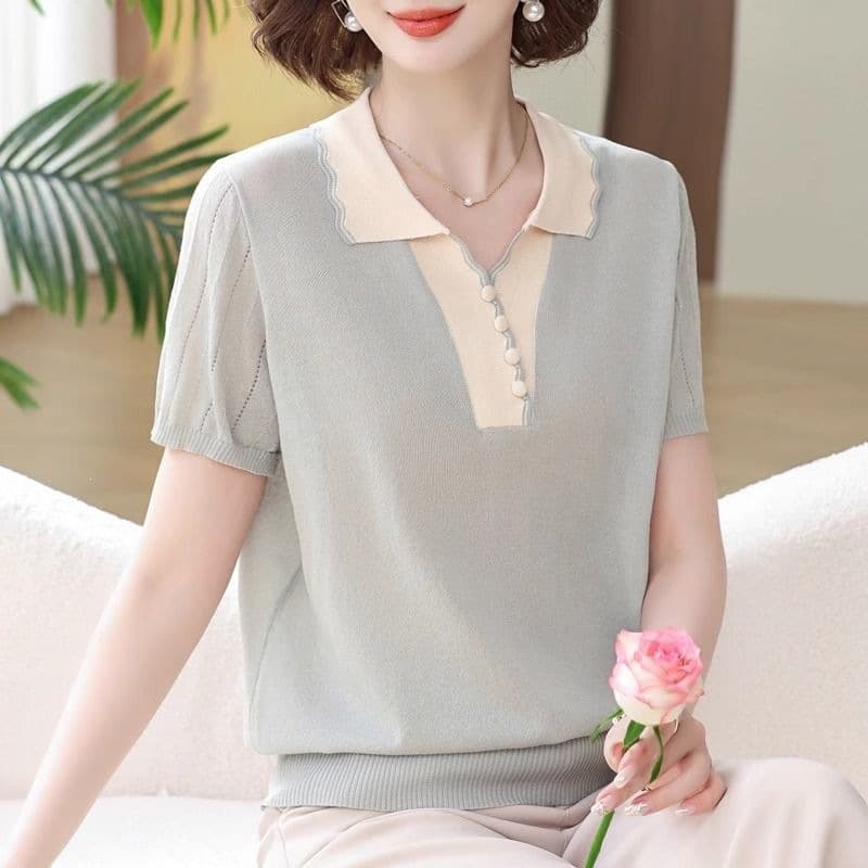 Young Mom's Summer Short-Sleeve 2026 New Style Middle-Aged Women's Ice Silk T-Shirt Top with a Stylish Turn-Down Collar and Sweatshirt Set