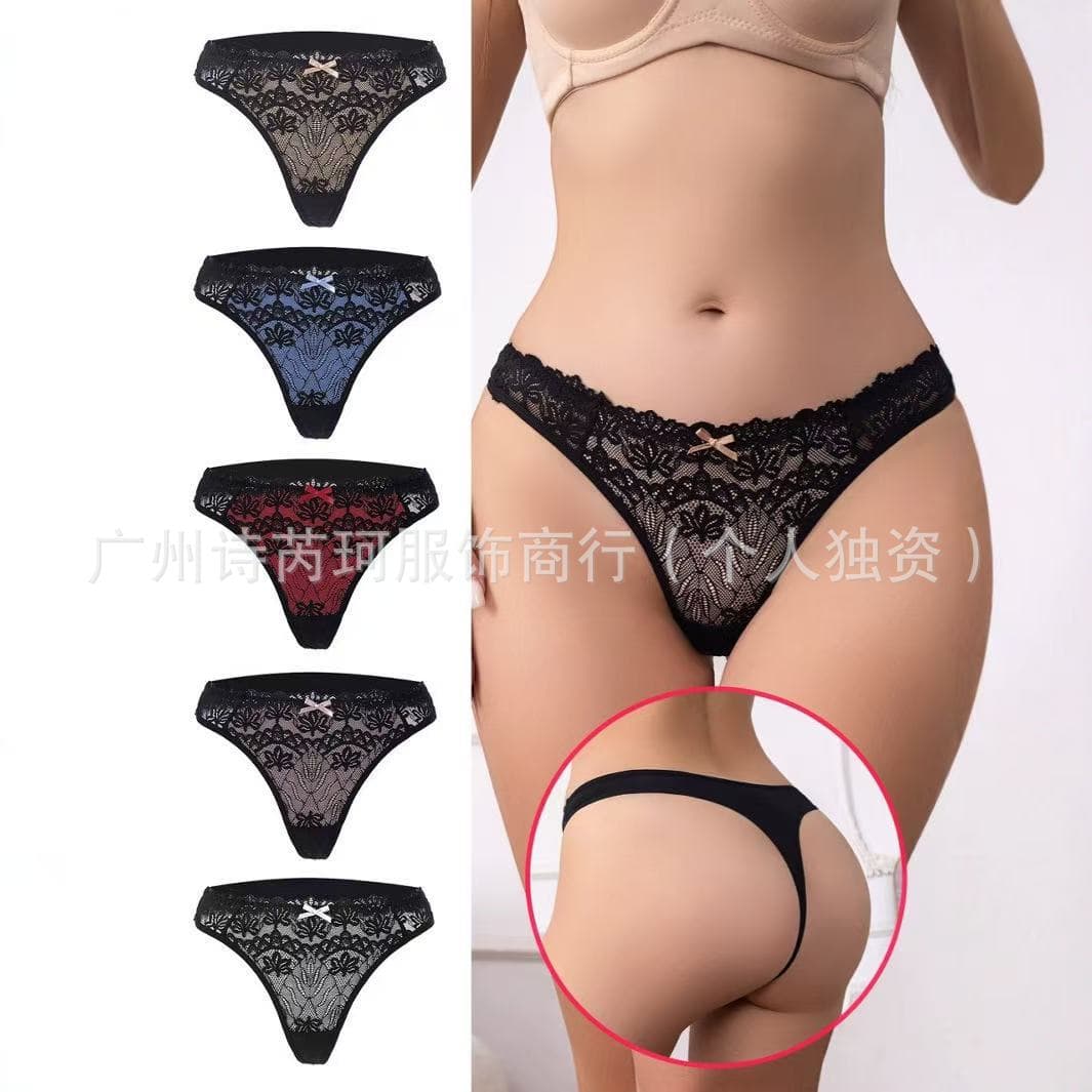 Cross-border European and American Women's G-string Lace Hollow Out Low-Rise Fashion Breathable Thong Factory Stock Comfortable Cotton Gusset