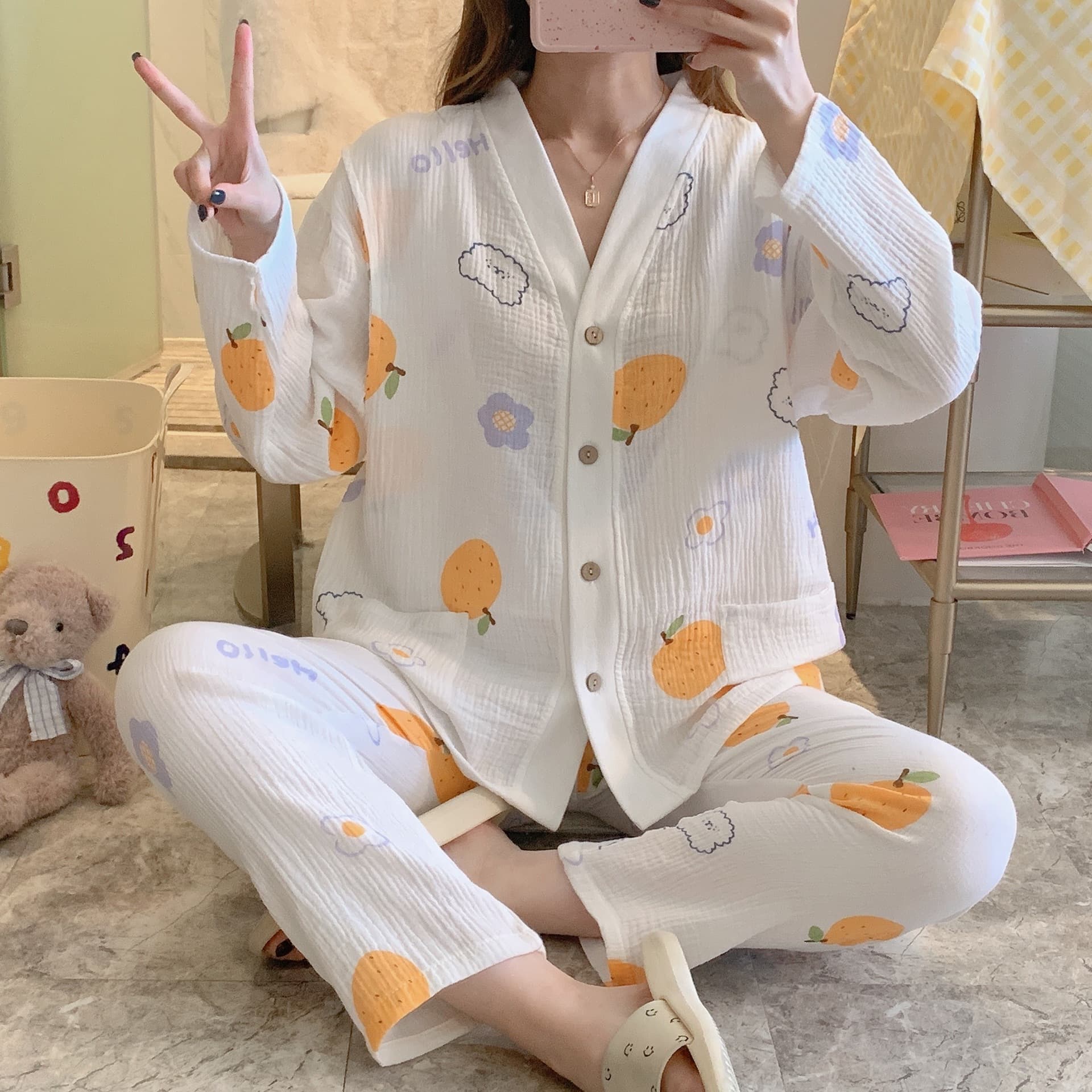 Spring and Summer Pure Cotton Washed Cotton Wrinkle Fabric Orange Pattern Ribbed Maternity and Nursing Sleepwear Set for Postpartum Breastfeeding