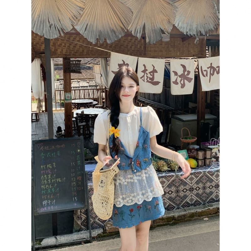 Vacation Style Fashion Set Women Summer 2026 New Lace Patch Floral Vest Shirt Skirt Two-Piece