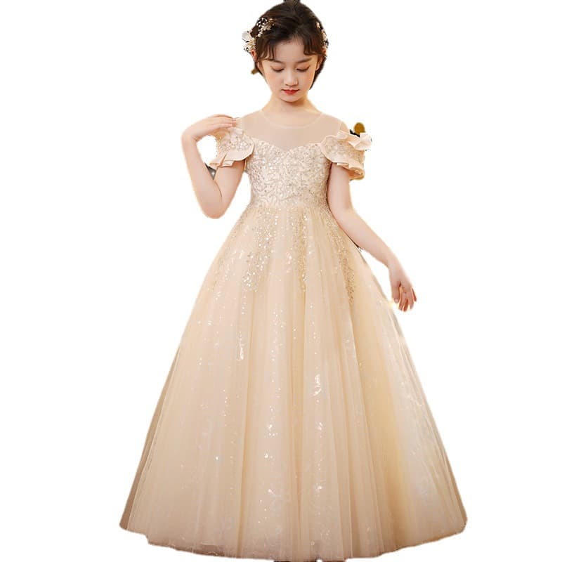 Princess Dress Girls Tulle Puffy Princess Style Children's Formal Gown Wedding Dress Elegant Flower Girl Little Girl Piano Performance Costume