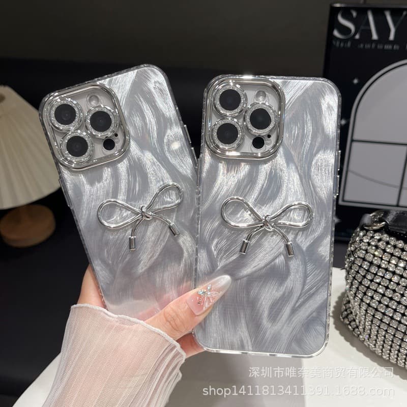 3D Electroplated Bow Phone Case for Apple iPhone 16, iPhone 15, Sparkle Diamond 14, Feather Yarn Silver, Electroplated Light Luxury
