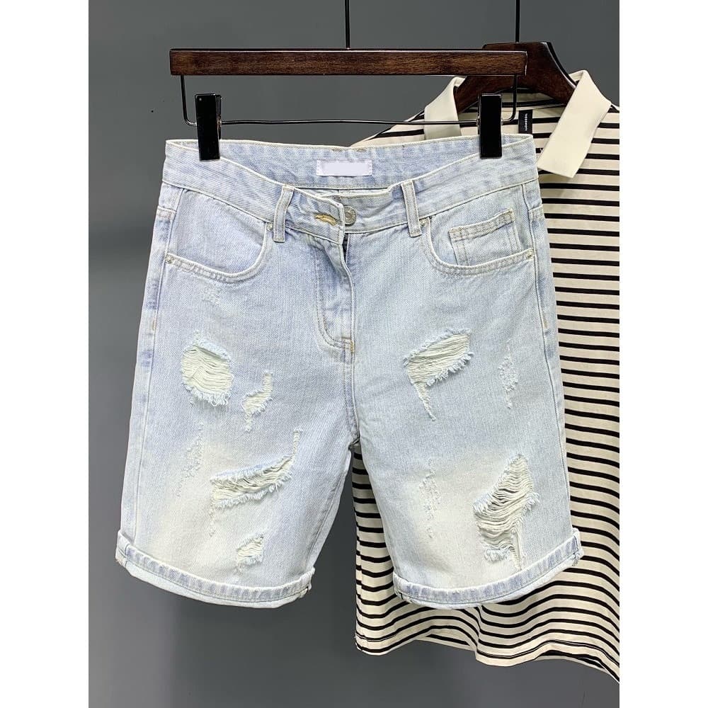 American Retro Denim Shorts Men's Summer Distressed Loose High-End Light Color Large Size Outerwear Five-Point Mid-Length Pants