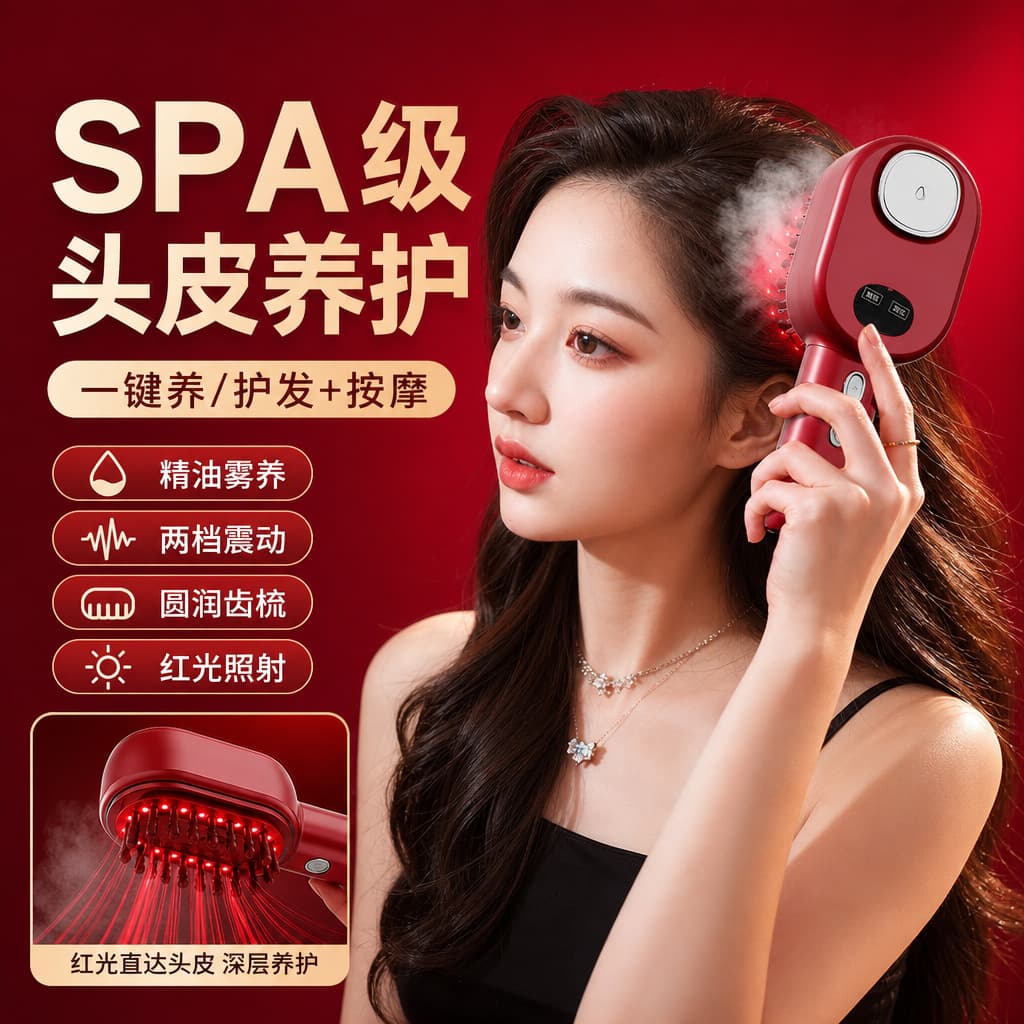 Electric Scalp Essential Oil Care Comb, Home Use Red Light Spray Wireless Hair Straightening Comb, High-Frequency Vibration Care Comb