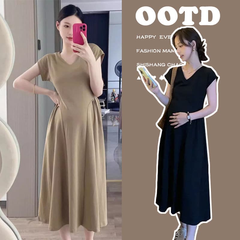 Maternity Dress Summer Slim V-Neck Dress 2025 New Short Sleeve Long Dress