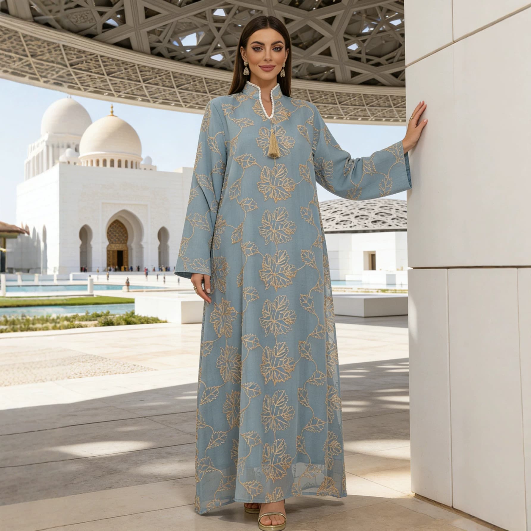 Women's Cross-Border E-commerce Blouse, Fashionable and Elegant, Embroidered with Tassels and Leaf Patterns, Polyester Gauze Embroidered Women's Robe, Ethnic Style Long Dress