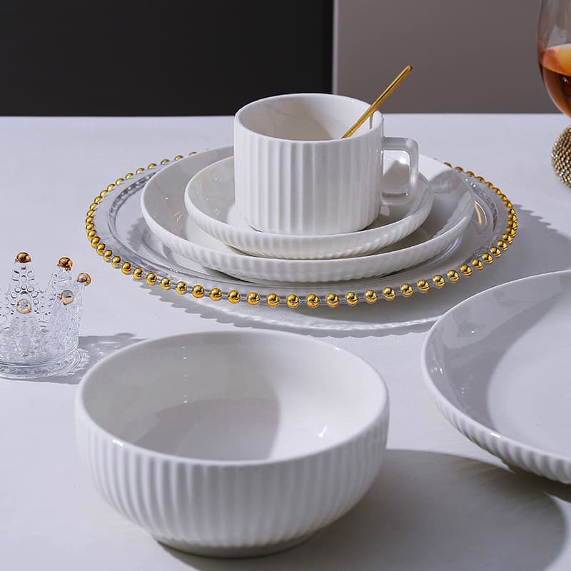Cross-border Pure White Bowl and Plate Set European Simple Premium Home Ceramic Bowls and Plates Foreign Trade Striped Dinnerware Set