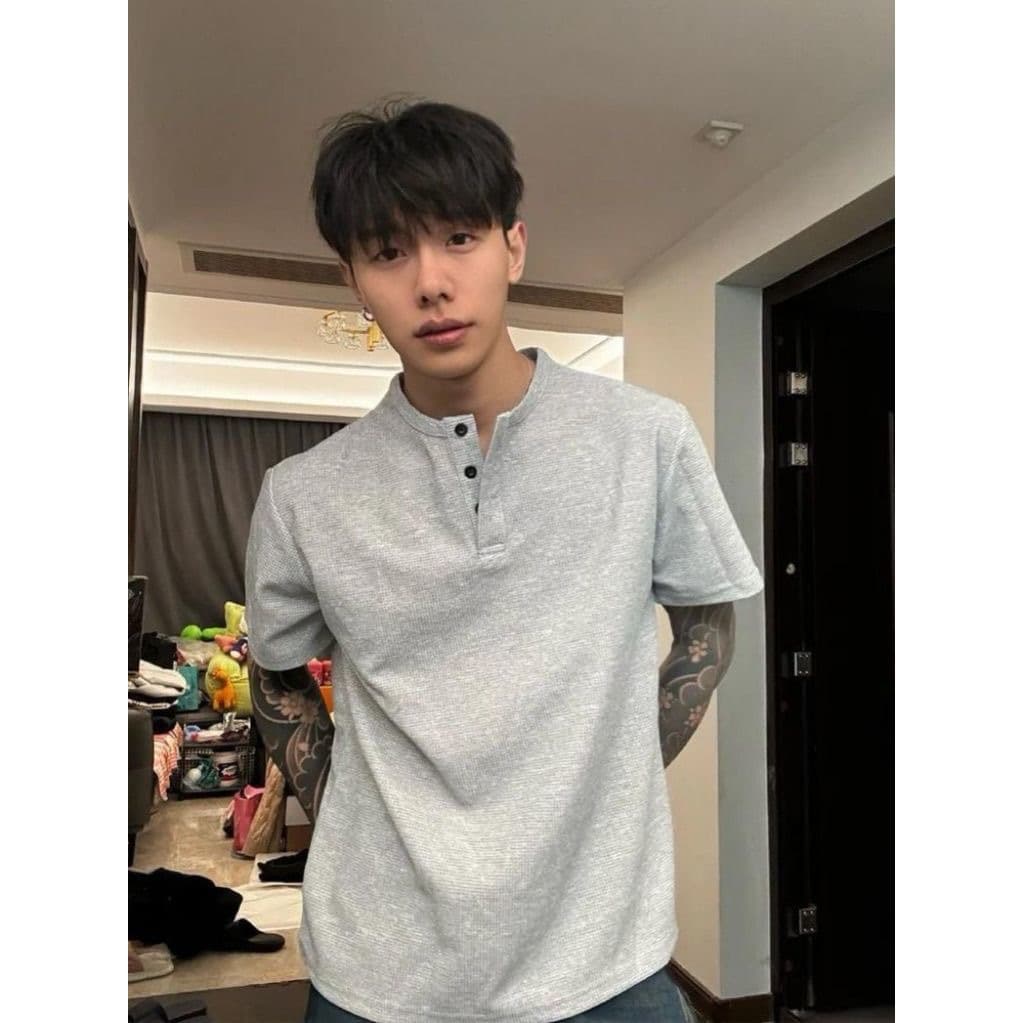 Cleanfit Henry Collar Short-Sleeved Men's Summer Waffle Shoulder T-Shirt Base Shirt Light Gray American Polo Shirt