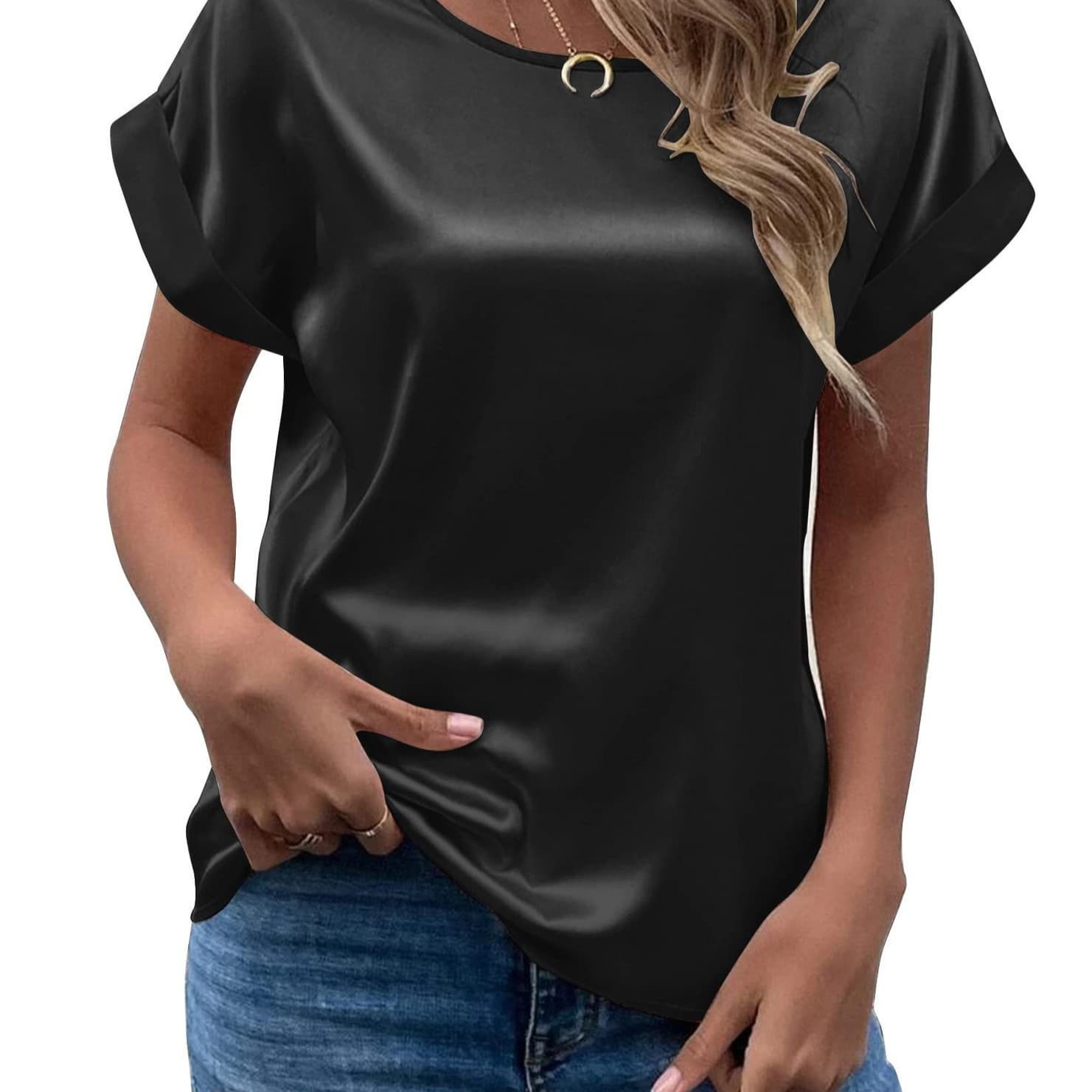 2026 New Spring Summer Women's Short Sleeve Satin Blouse Loose Casual Round Neck T-Shirt