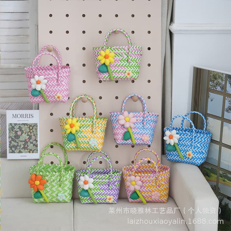 New Woven Basket Bag Contrast Color Small Bag for Women Children Spring Outing Picnic Bathing Basket Vacation Beach Bag