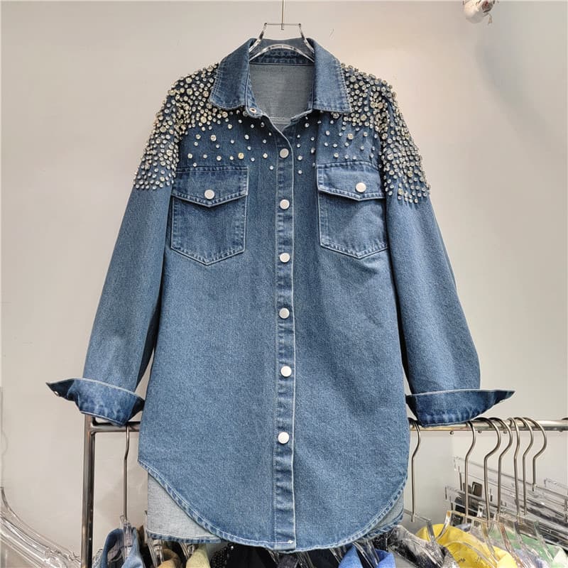 Denim shirt jacket for women heavy industry diamond fashion casual versatile 2024 autumn new loose top jacket trendy