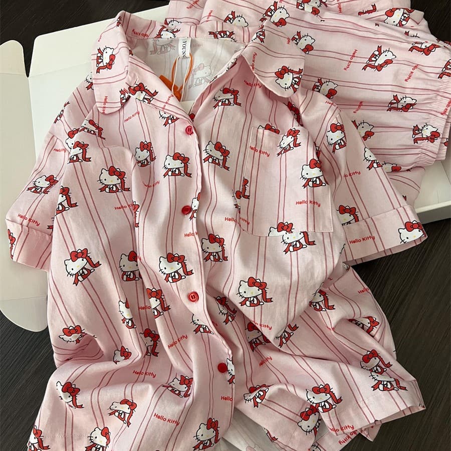 Pink striped Hello Kitty pajamas for women summer short-sleeved trousers two-piece set women's casual home wear can be worn outside