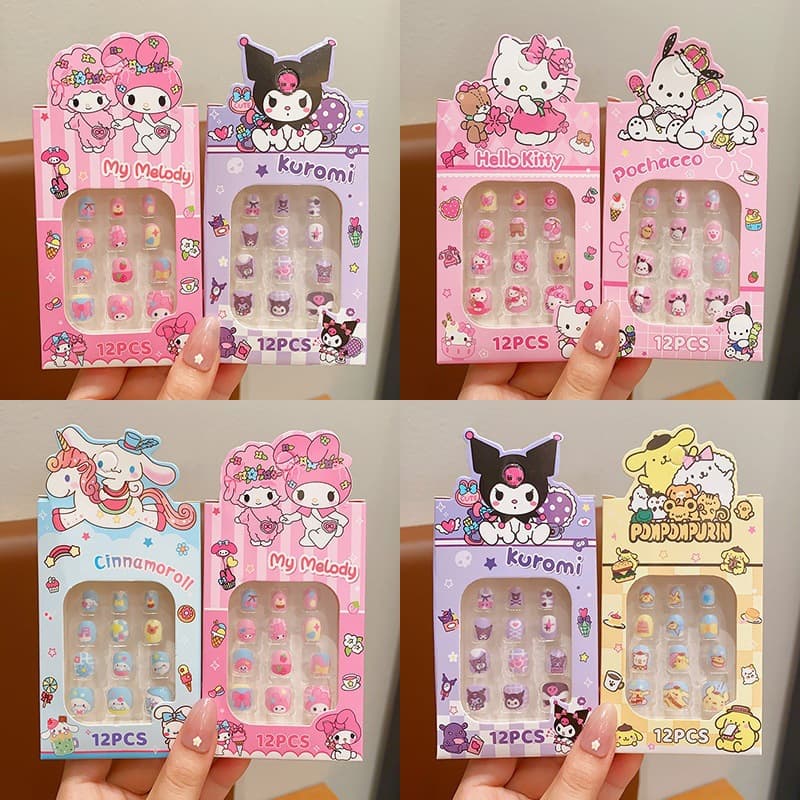 Sanrio Kids Nail Stickers for Girls Cute Nail Art Student Nail Tips Sweet Nail Tips Kids Press-On Nails
