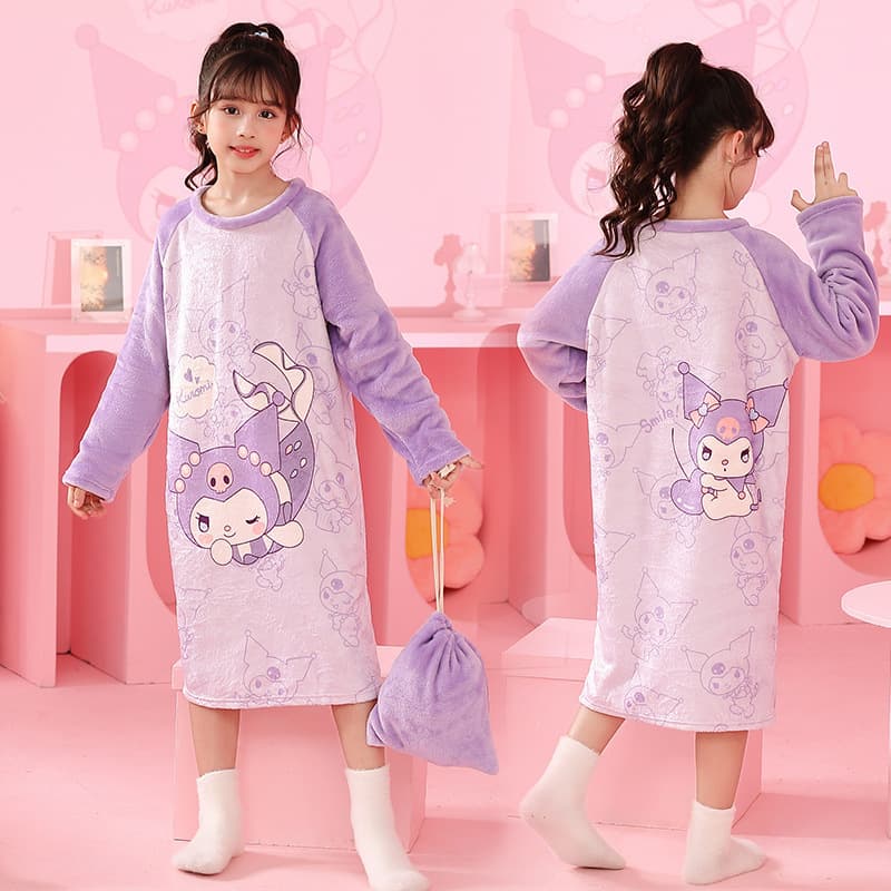 2024 Autumn/Winter New Girls Flannel Nightgown Pajamas Winter Sleepwear for Older Children Plus Velvet Cartoon Robe