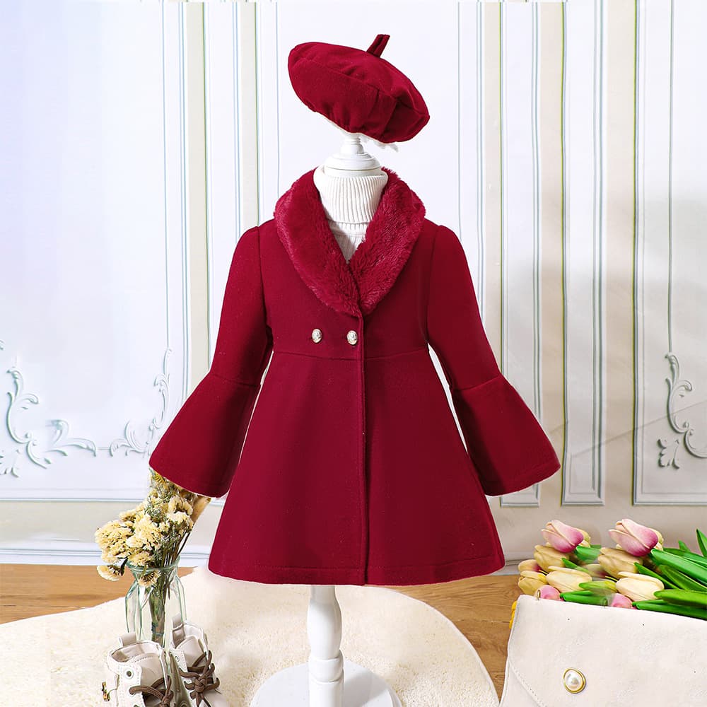EW Foreign Trade Children's Clothing New Arrival for Girls' Winter Solid Color Patchwork Fur Collar Wool Coat XHWT502