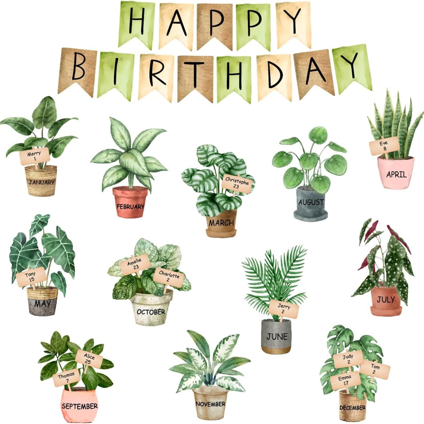 Packed with watercolor green plants birthday bulletin board paper-cut decoration set including glue dots cross-border classroom party decoration supplies