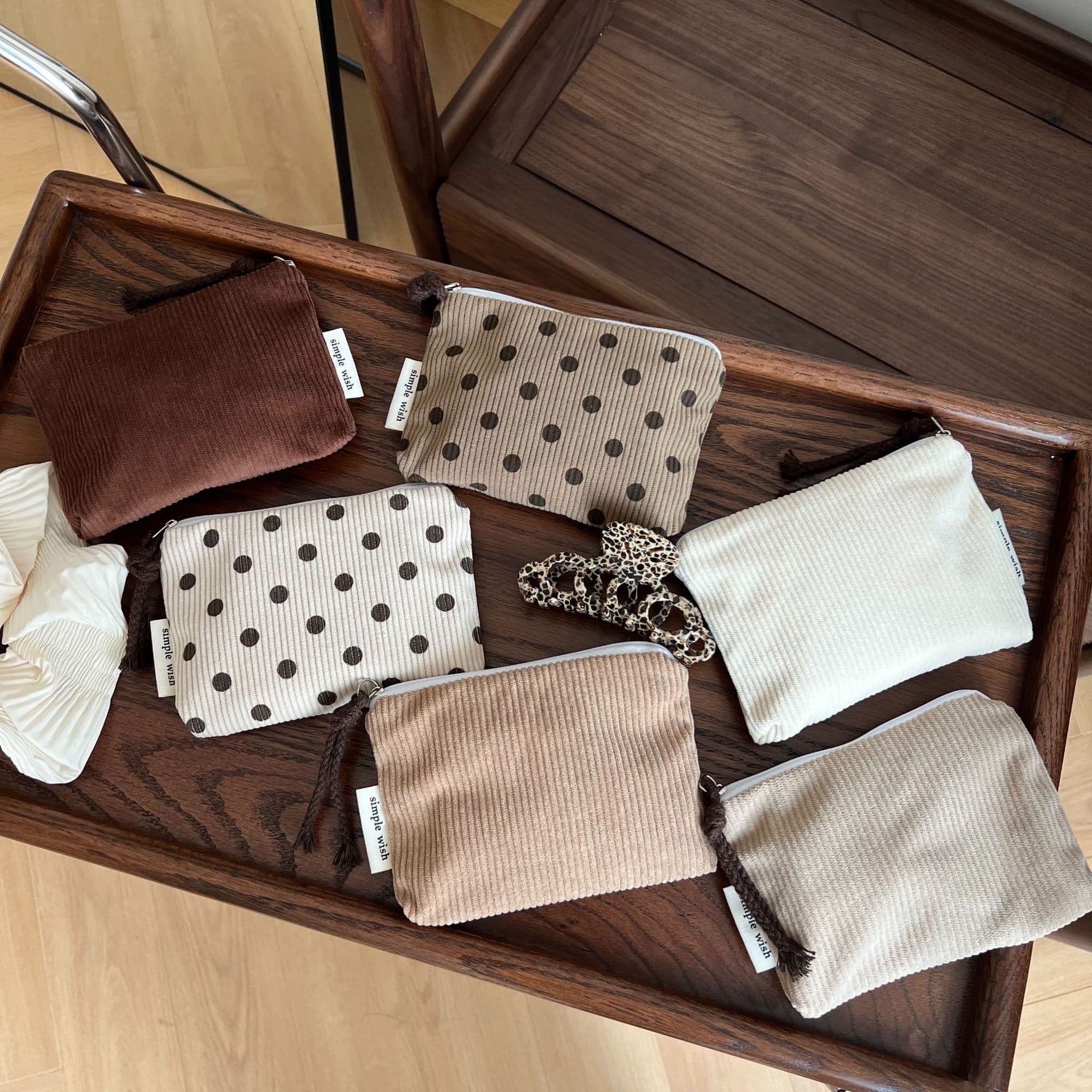 [Suxi Cloth Bag] Camel Corduroy Polka Dot Cute Mini Card Holder, Earphone Pouch, Lipstick & Cushion Storage Bag