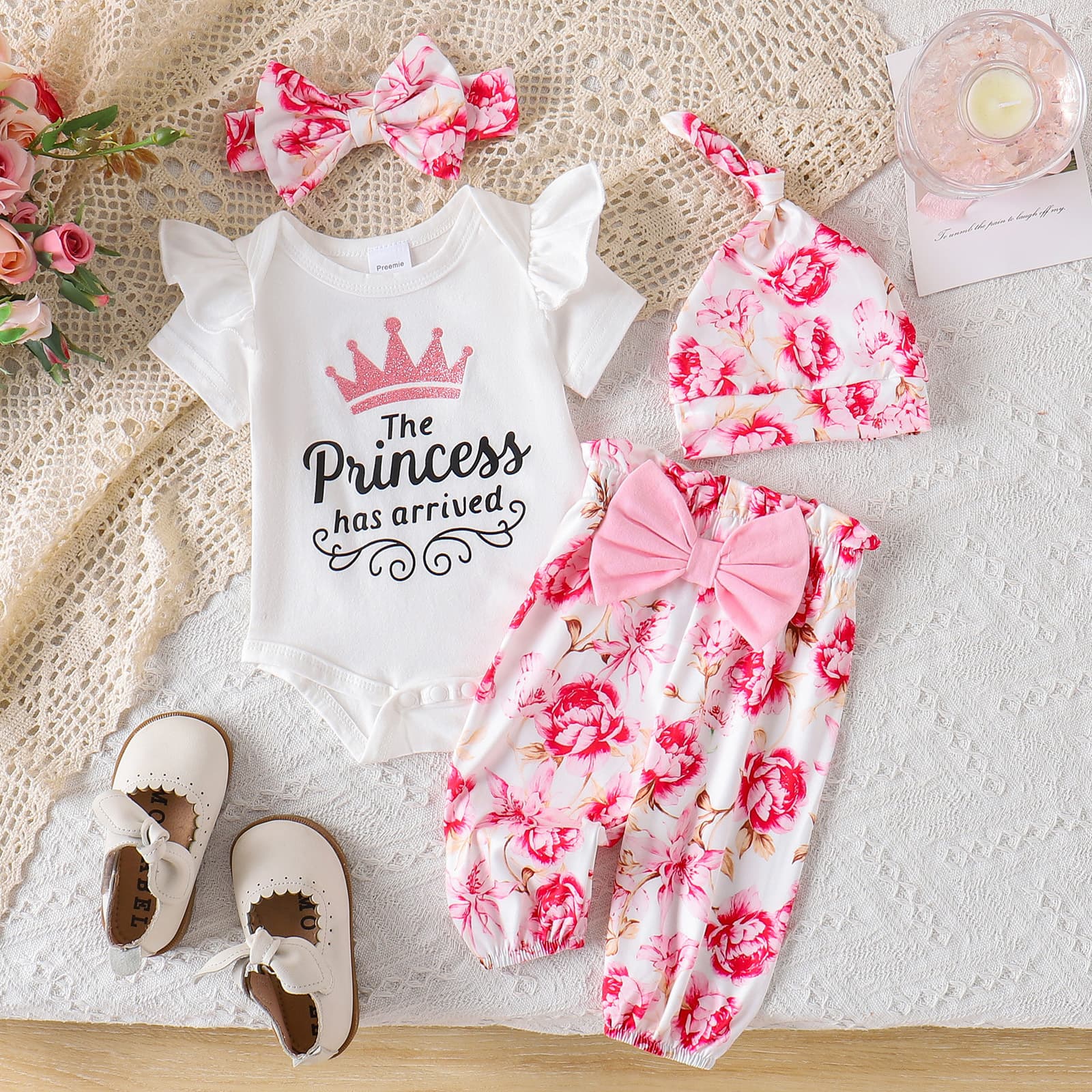 Baby Girls Clothes 0-6M Summer Short Sleeve Bodysuit with Floral Pants, Headband, and Hat