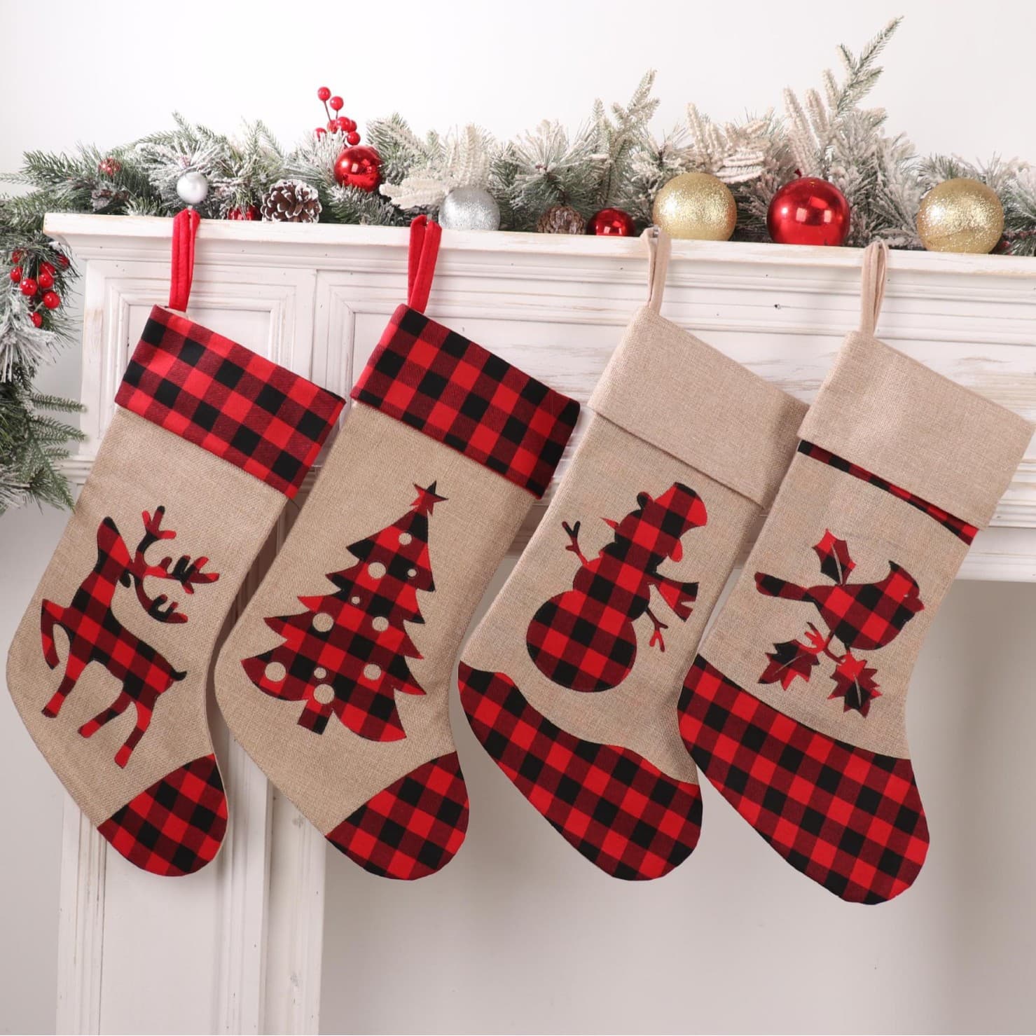 Cross-border new product Christmas decorations red and black plaid Christmas socks imitation linen patch embroidered Christmas gift decorations