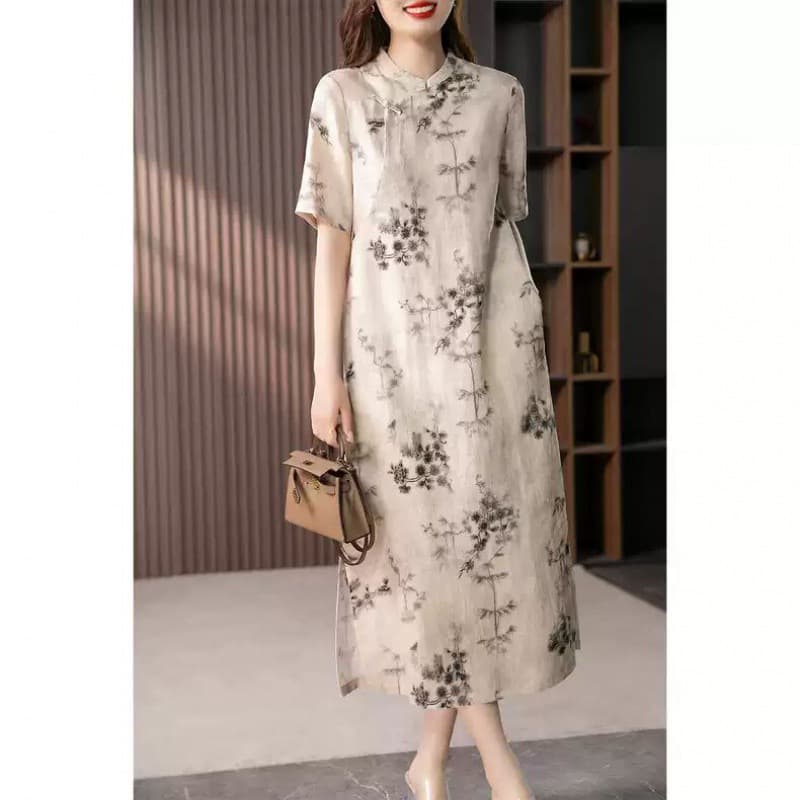 2026 Summer New Chinese Style Printed Loose Plus Size Women's Dress Modified Cheongsam for Curvy Figures