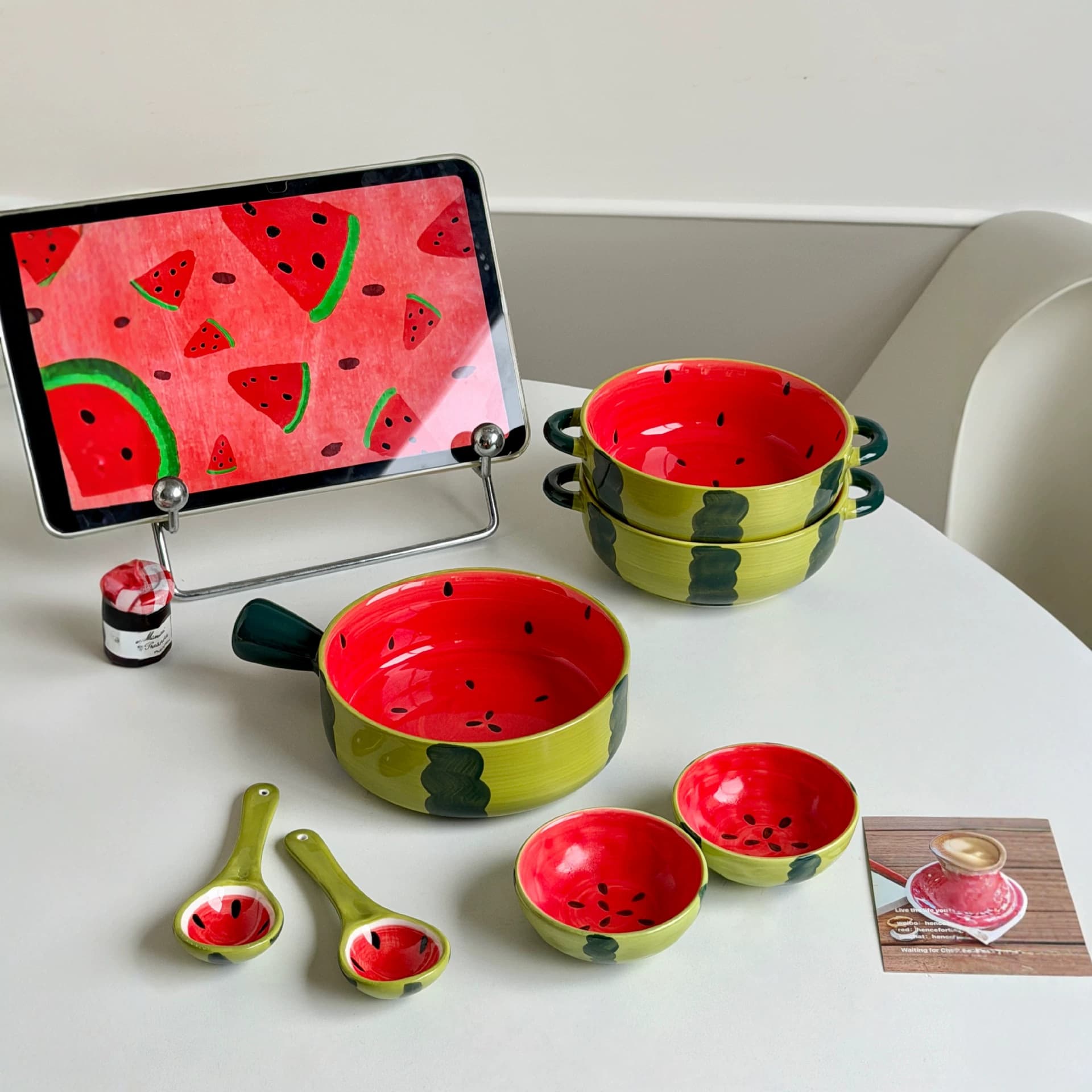 High-Fashion Watermelon Fruit Bowl Creative Ceramic Dinnerware Set Creative Personality Fruit Internet Celebrity Rice Bowl Plate Spoon