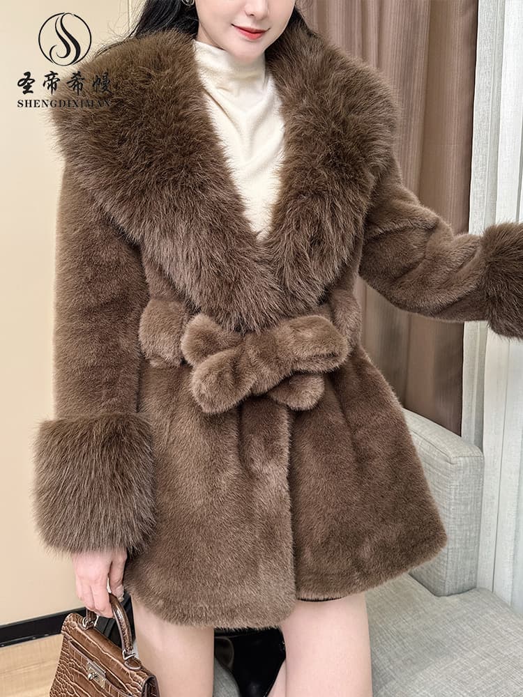 2024 Winter New Arrival Women's Faux Fur Coat Fashionable Warm Mink Fur Overcoat Slim Fit Waist-Cinching Mid-Length Fur Jacket