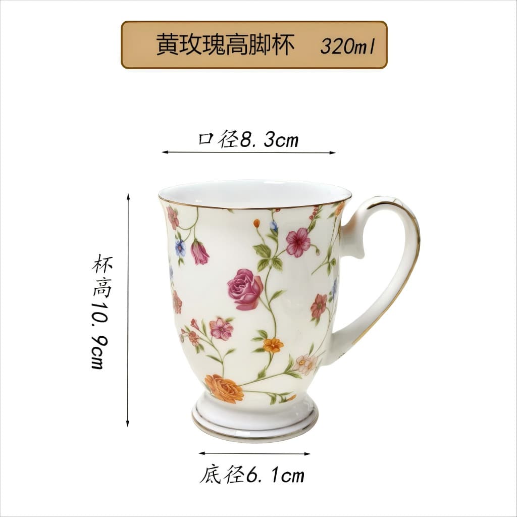 Factory wholesale gold-rimmed stemmed bone china mug, household ceramic tea and coffee cup, creative promotional gift with logo