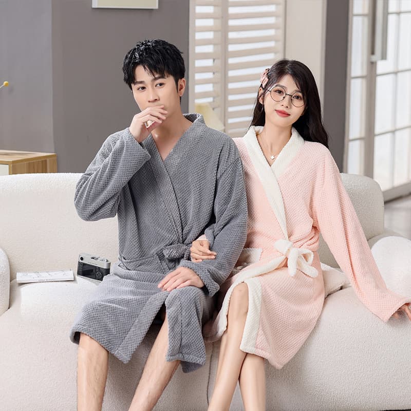 New Coral Fleece Autumn and Winter Bathrobe Long Sleeve Men and Women Couple Absorbent Quick-Drying Thickened Hotel Beauty Salon Nightgown