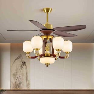 Mid-Century Modern Living Room Ceiling Fan Light, Inverter Spacious Villa Solid Wood Fan Light, Multi-Head Dining Room High Airflow Fan Light