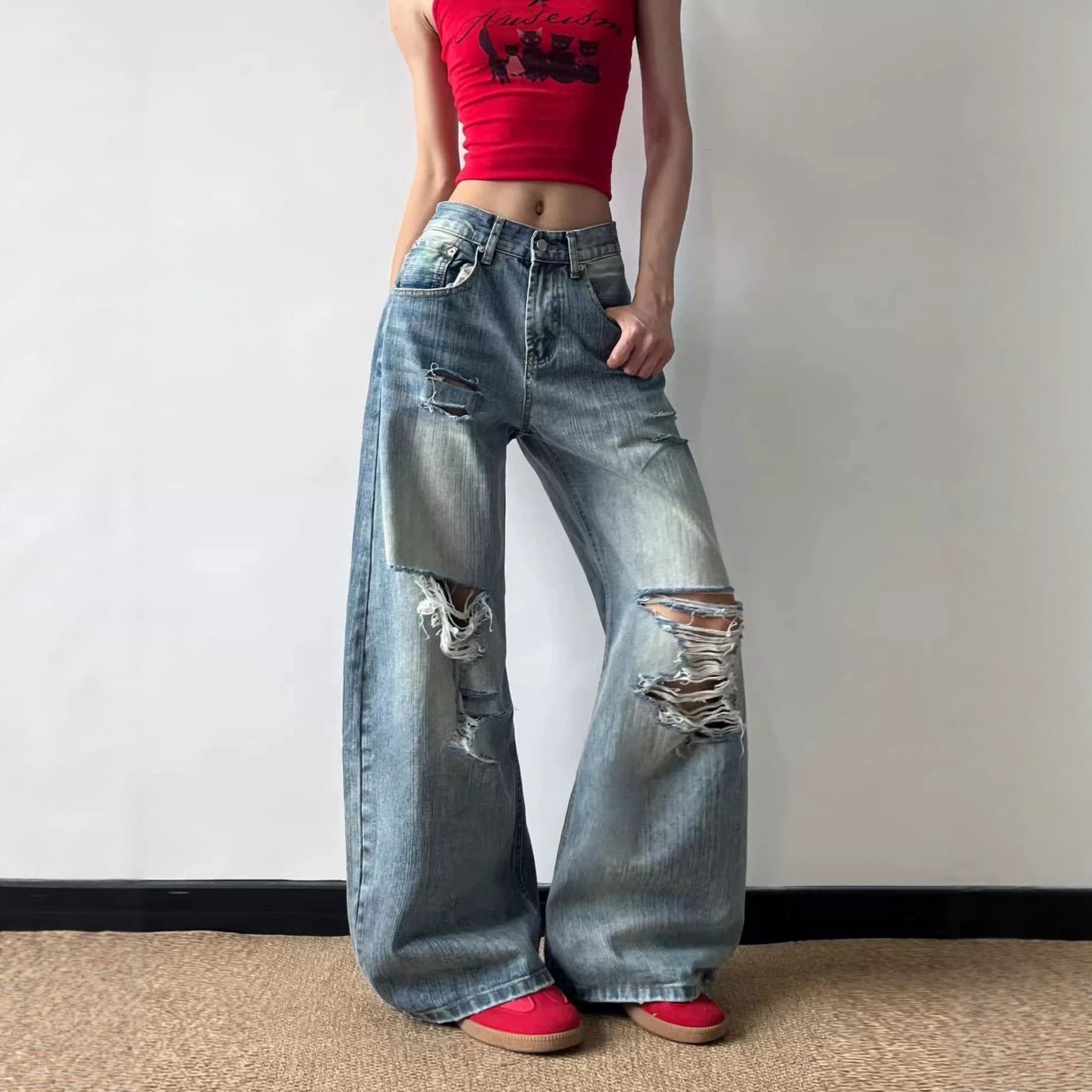 American ripped jeans for small women, straight-leg loose wide-leg jeans for women, slimming wide-leg pants for women
