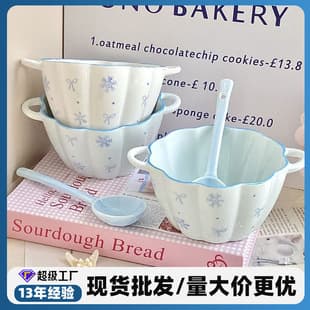 Ceramic Bowl High Temperature Resistant, Microwave Safe with Spoon, Dormitory Home Snowflake Pumpkin Bowl, Dessert Bowl Lady Set