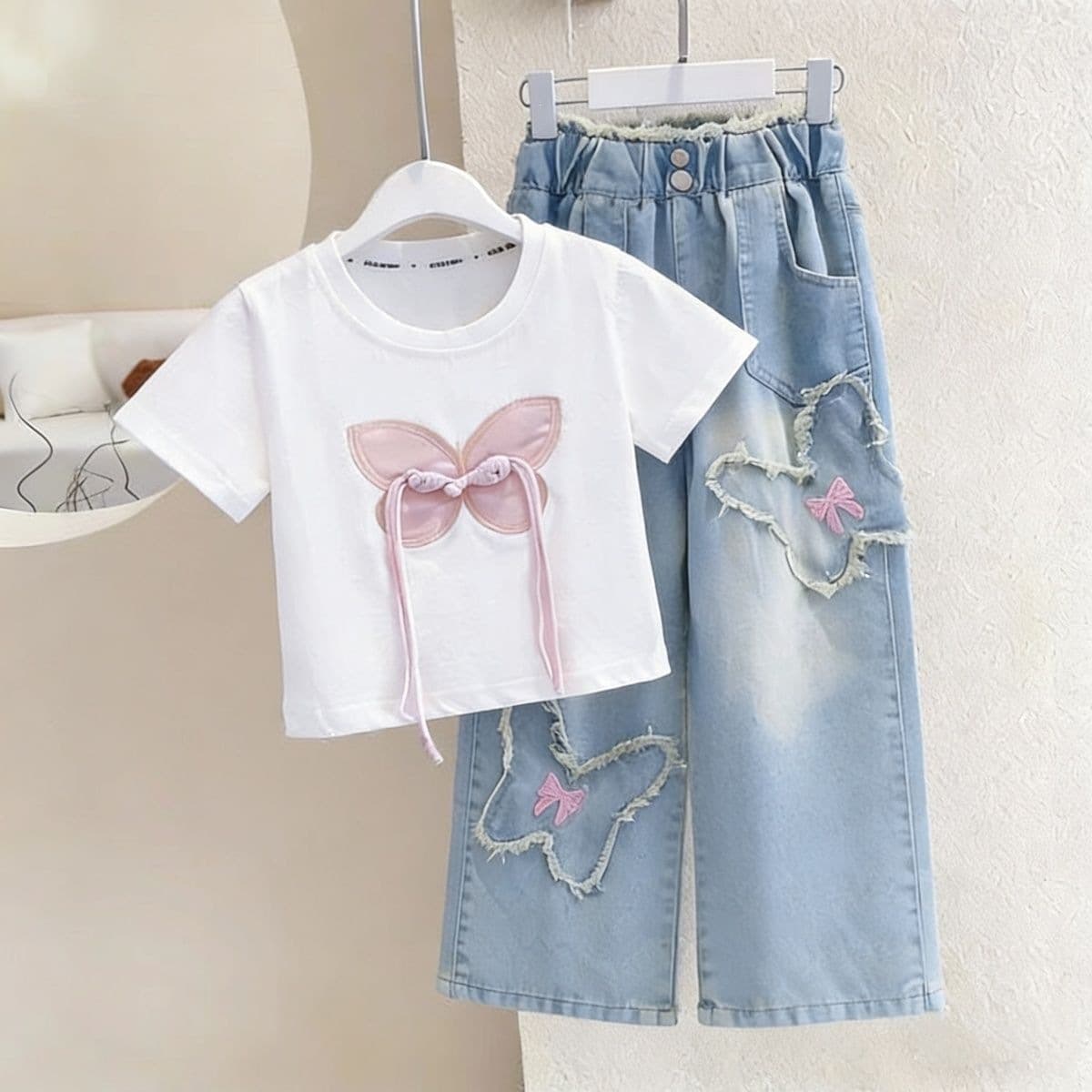 Girls 2026 Summer Chinese Style Short Sleeve Set Big Kids New Chinese T-Shirt Girls Denim Wide-Leg Pants Two-Piece Set
