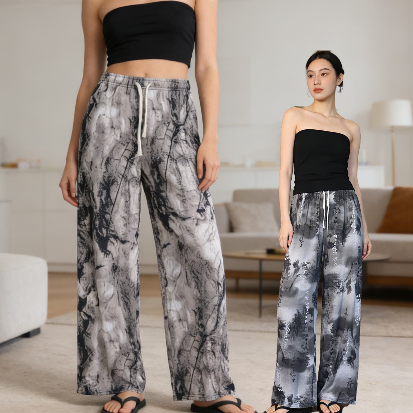Chinese Ink Painting Ice Silk Mosquito-Repellent Pants, Women's Casual High-Waisted Loose Fit, National Style Rose and Dragonfly Design, Comfortable Wide-Leg Pants