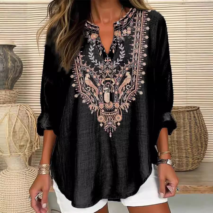 European and American independent site plus-size women's summer small V-neck long-sleeve creative ethnic style minimalist casual elegant T-shirt long-sleeve