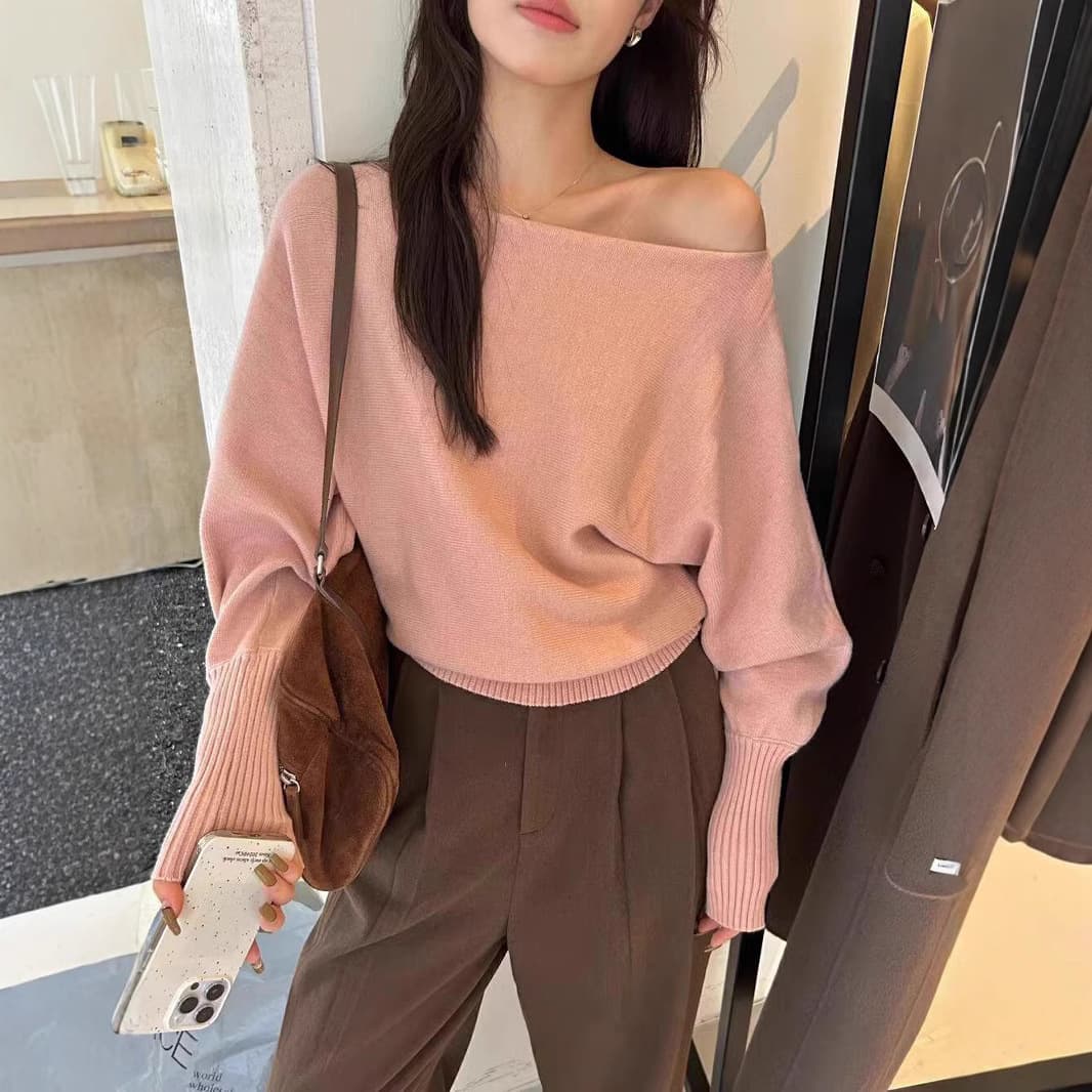 Korean Style One Shoulder Knitted Sweater Women's Autumn Winter Loose Fit Soft Cozy Lazy Style Slimming Inner Wear Base Top