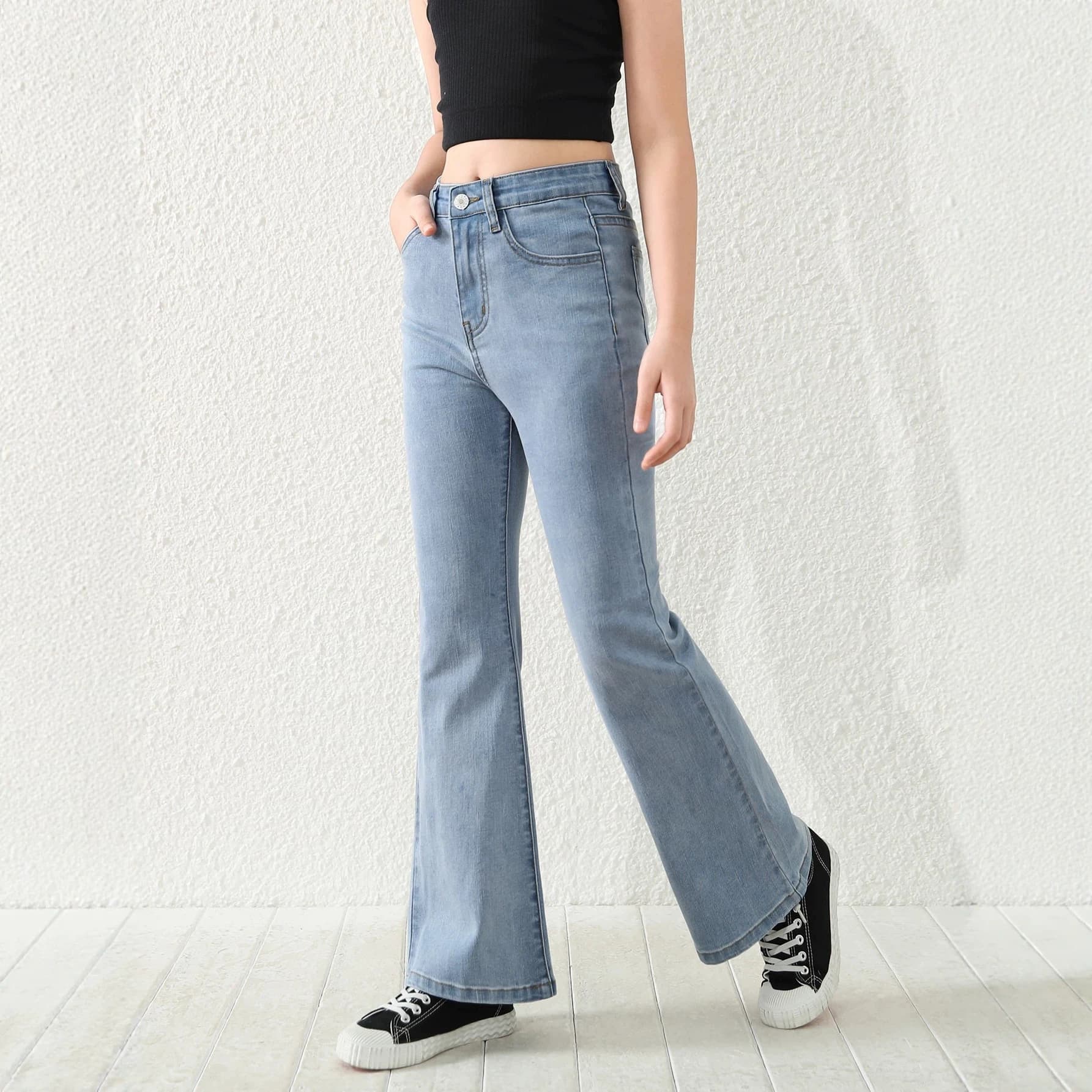 European and American cross-border Amazon wish trendy and versatile high-waist flared jeans for teenage girls, washed and stretchable