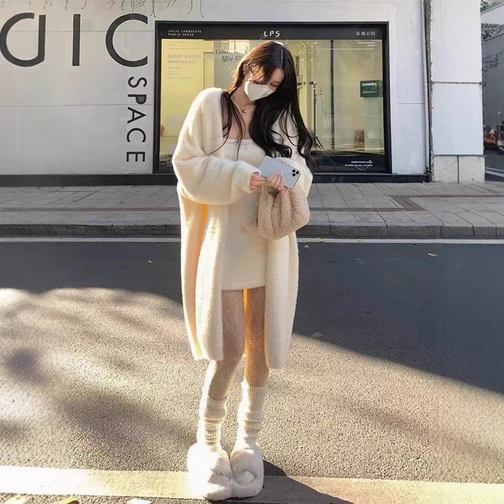 2025 Autumn Winter Lazy Loose Knee-Length Thickened Pure Desire Faux Mink Velvet Knitted Wool Dress Drop Shipping