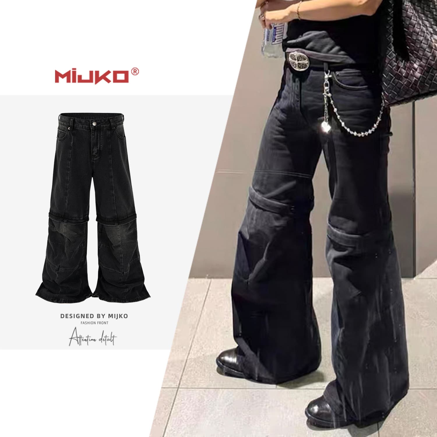 MIJKO Unisex Flared Cargo Jeans, Washed and Distressed, Detachable Micro-Flare Denim Pants