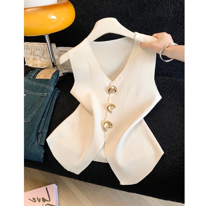 New Chinese Style 2026 Summer New French Old Money Chic Button Knit Vest Sleeveless Top