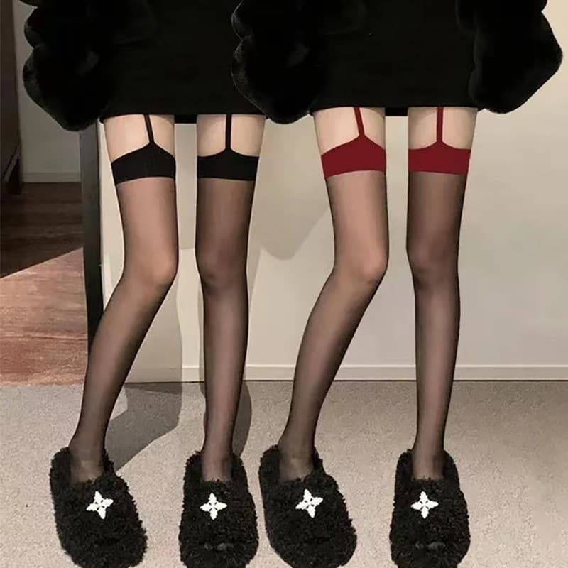 Wang Chunshan red-edged black fake suspender belt knee-high stockings female sexy internet celebrity lace bow ins