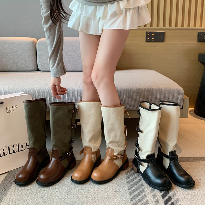 Retro Belt Buckle Long Boots Women Autumn Winter New Chunky Heel Patchwork High Boots Fashion Boots Outdoor Travel Riding Boots